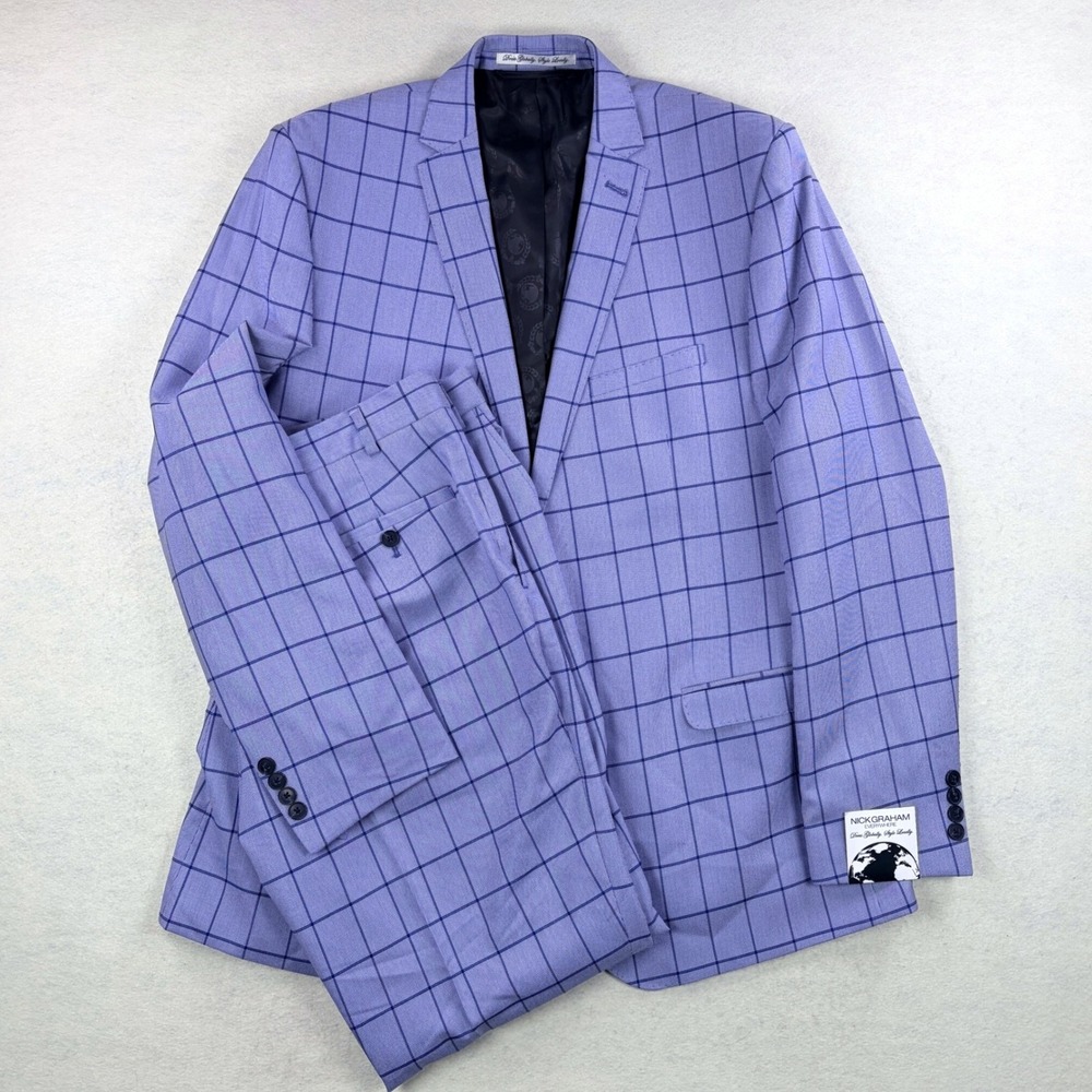 NEW! Nick Graham Everywhere Mens 2-Piece Suit Blue Windowpane Check 46L W39 NG23